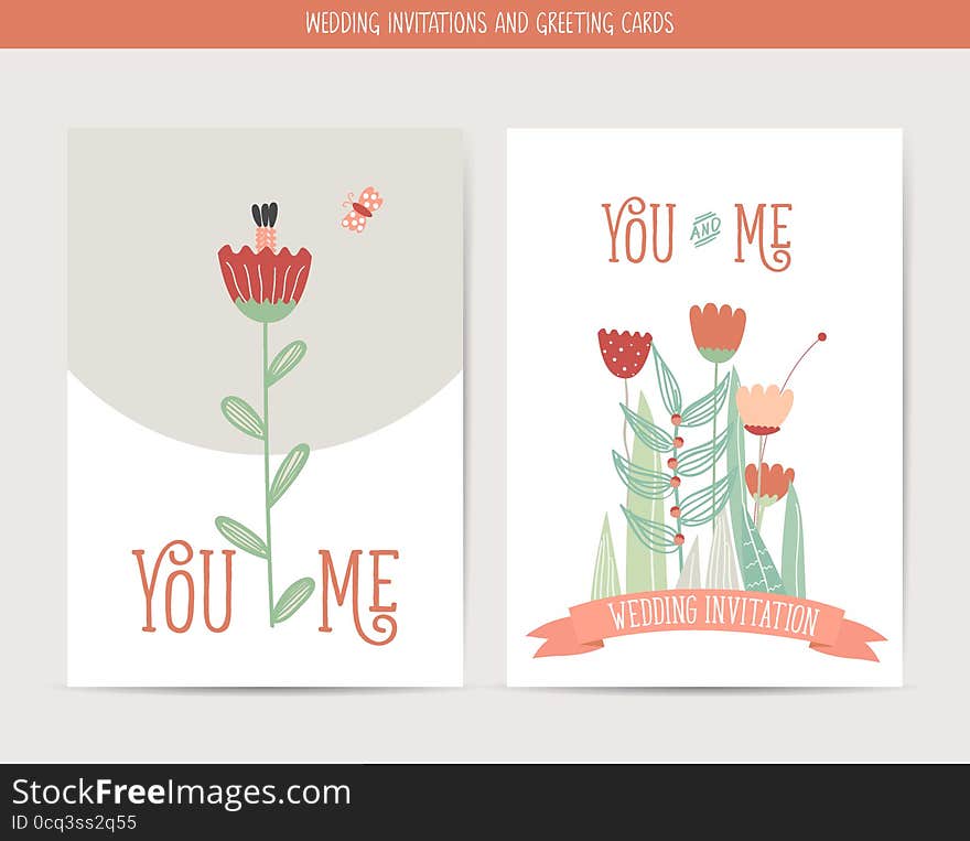 Wedding invitation card with romantic flower templates. Vector illustration.