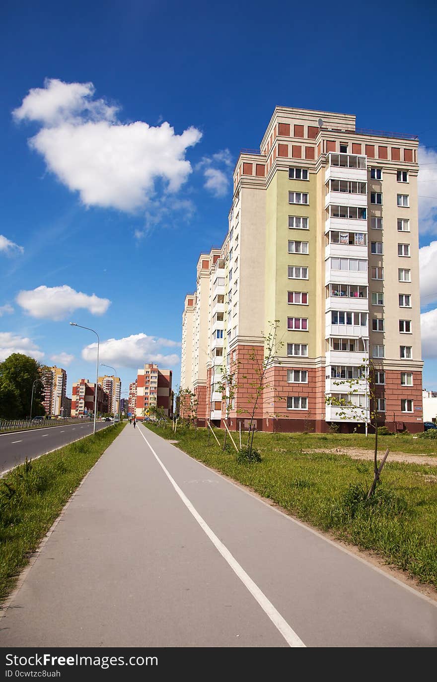 New modern residential area in the city on summer day. New modern residential area in the city on summer day