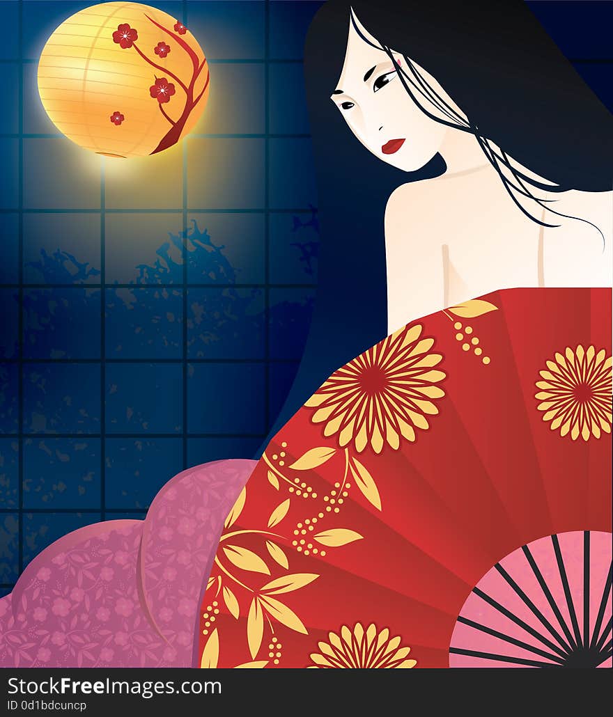 Japanese geisha illustration with folding fan