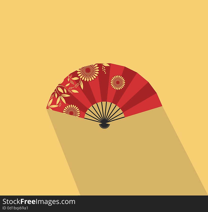 Red japan folding fan on the yellow background. Vector illustration. Red japan folding fan on the yellow background. Vector illustration