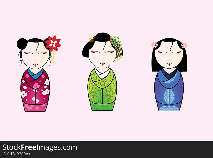 Vector illustration of cute japanese geisha set