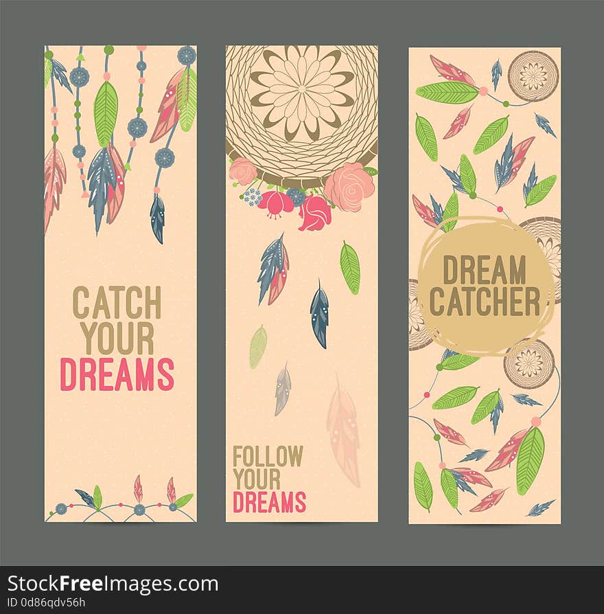 Hand drawn native american dreamcatcher banner set with feathers and colorful flowers. Vector illustration isolated on white. Hand drawn native american dreamcatcher banner set with feathers and colorful flowers. Vector illustration isolated on white