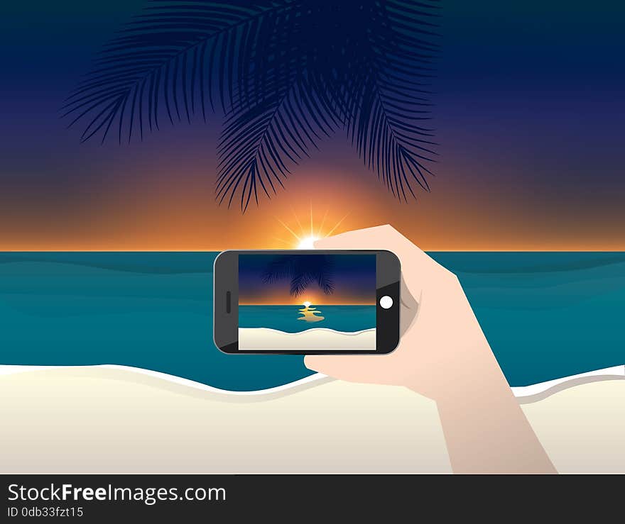 Vector illustration travel photo of sunset and beach on smartphone. Hand with phone