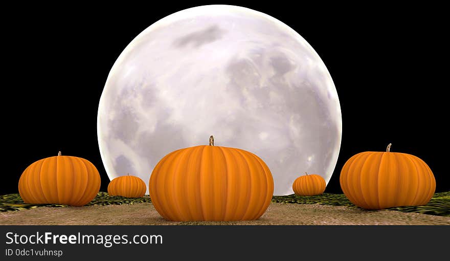 Autumn field with Halloween Moonlit Pumpkins.