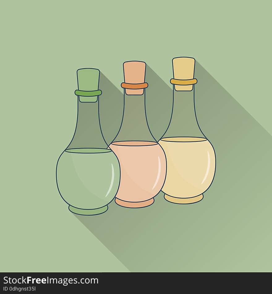 Hand drawn bottles of spa oils. Flat icon with long shadow. . Concept for beauty salon, massage, cosmetic and spa. Isolated high quality vector. Easy to use business template. Hand drawn bottles of spa oils. Flat icon with long shadow. . Concept for beauty salon, massage, cosmetic and spa. Isolated high quality vector. Easy to use business template.