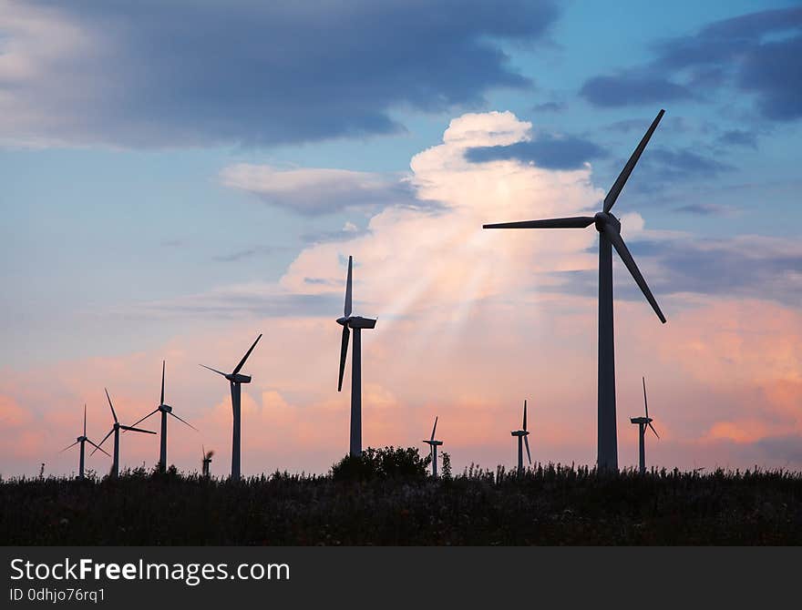 Many wind turbines al sunset on summer day