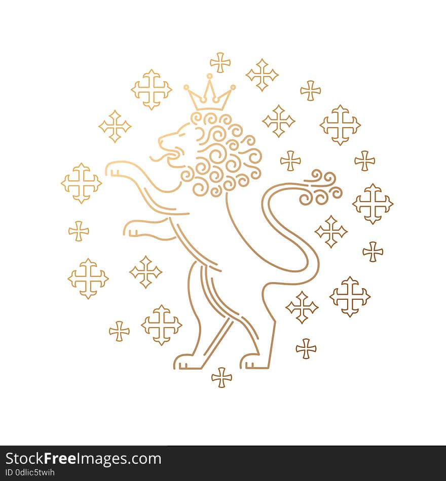 Vector template symbols of royalty, lions, crowns. Modern creative illustration of lion, predatory lion, lion on hind legs. Stamping gold foil lion for luxury packaging business goods and services. Vector template symbols of royalty, lions, crowns. Modern creative illustration of lion, predatory lion, lion on hind legs. Stamping gold foil lion for luxury packaging business goods and services.