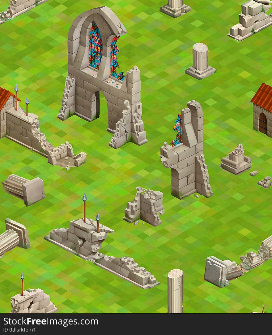 Medieval buildings on green grass, isometric game seamless pattern