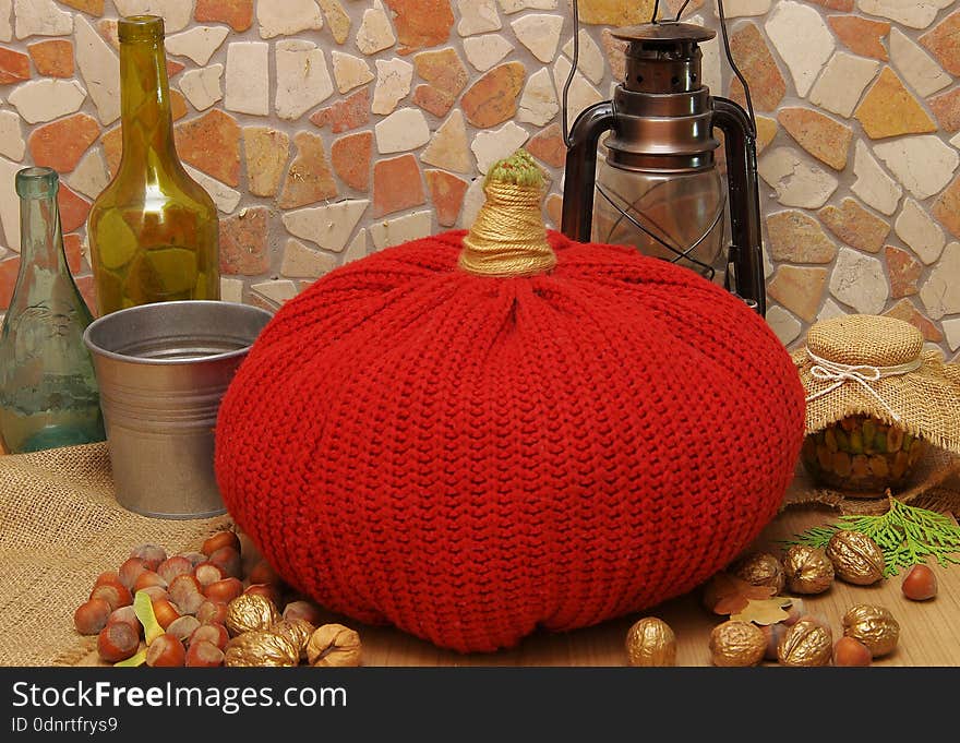 Needlework of old clothes. Homemade autumn decor. Autumn Still Life for Helloween. Needlework of old clothes. Homemade autumn decor. Autumn Still Life for Helloween