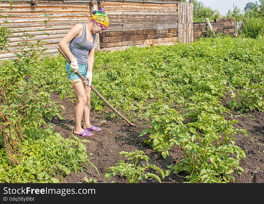 Young woman weeding hoe potatoes on sunny summer day