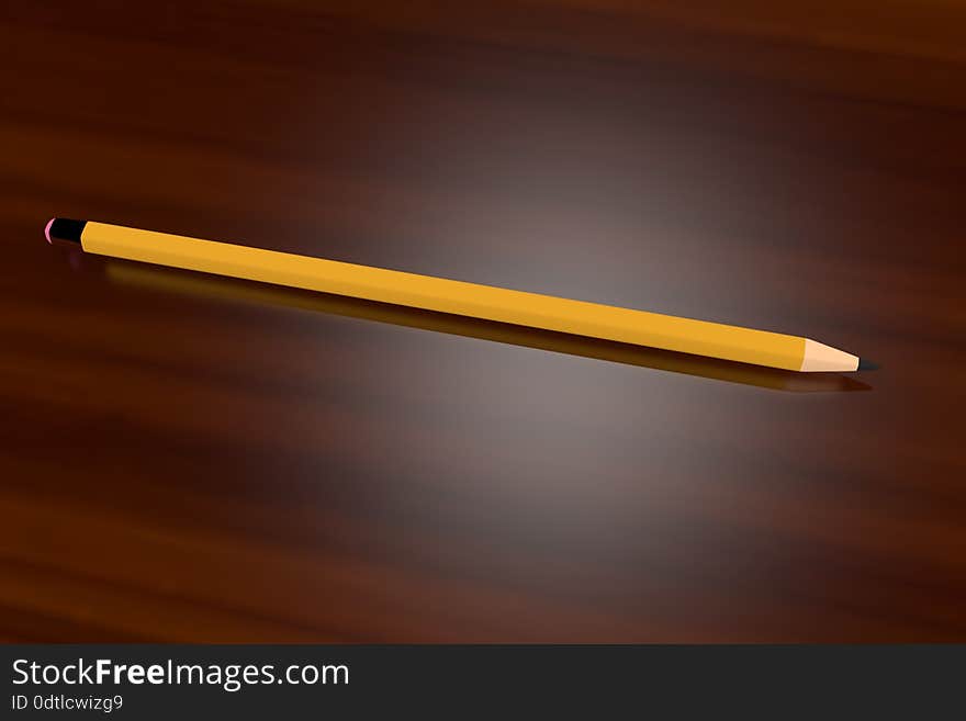 A yellow pencil on a wooden table/desk top.