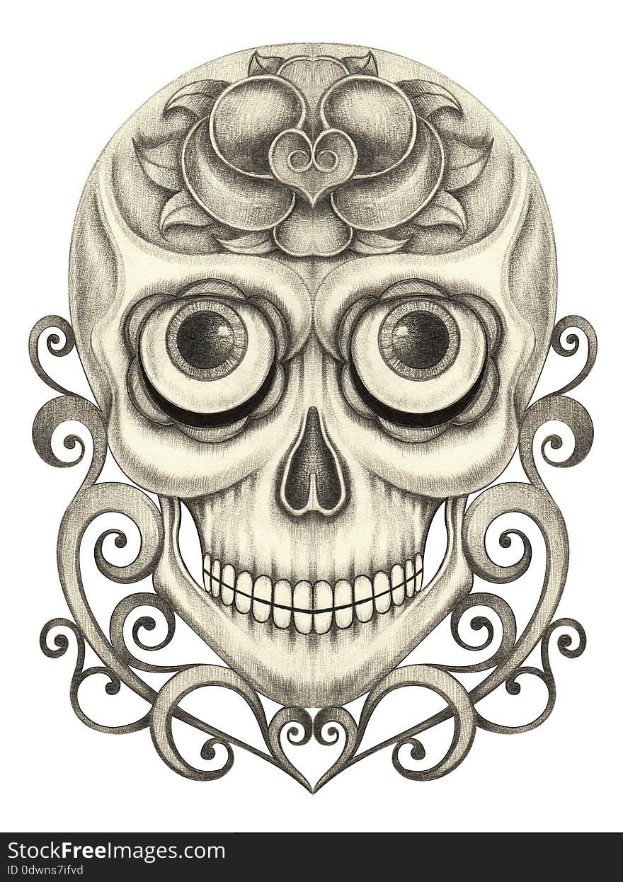 Art design skull head smiley face for tattoo hand pencil drawing on paper. Art design skull head smiley face for tattoo hand pencil drawing on paper.