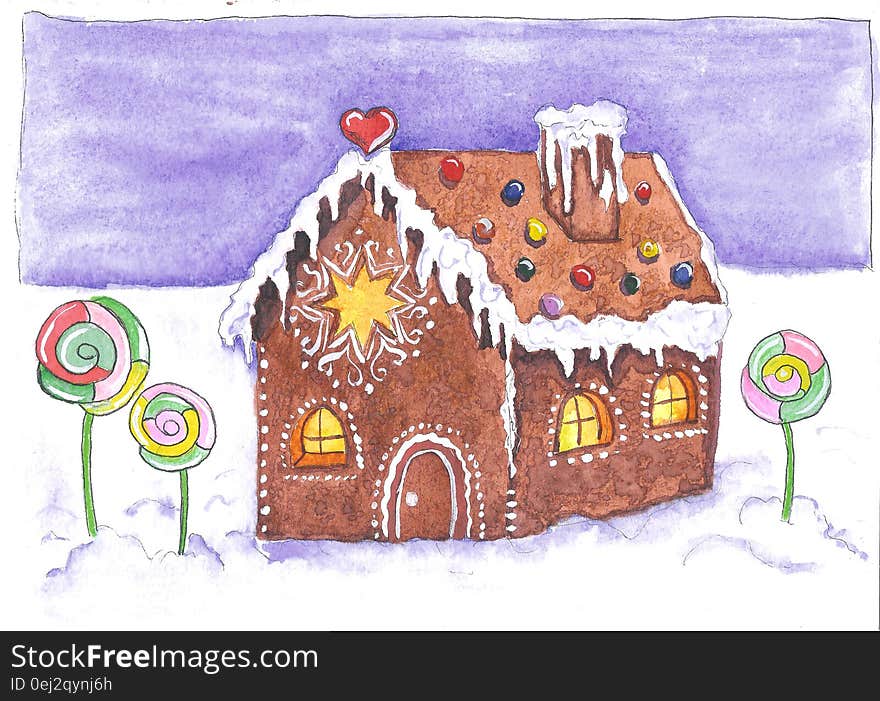 Watercolor Illustration - Ginger House In The Snow