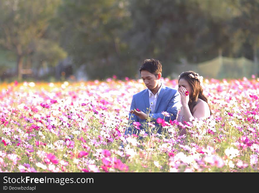 An Asian couple, man and woman, standing on a meadow with flowers. An Asian couple, man and woman, standing on a meadow with flowers.