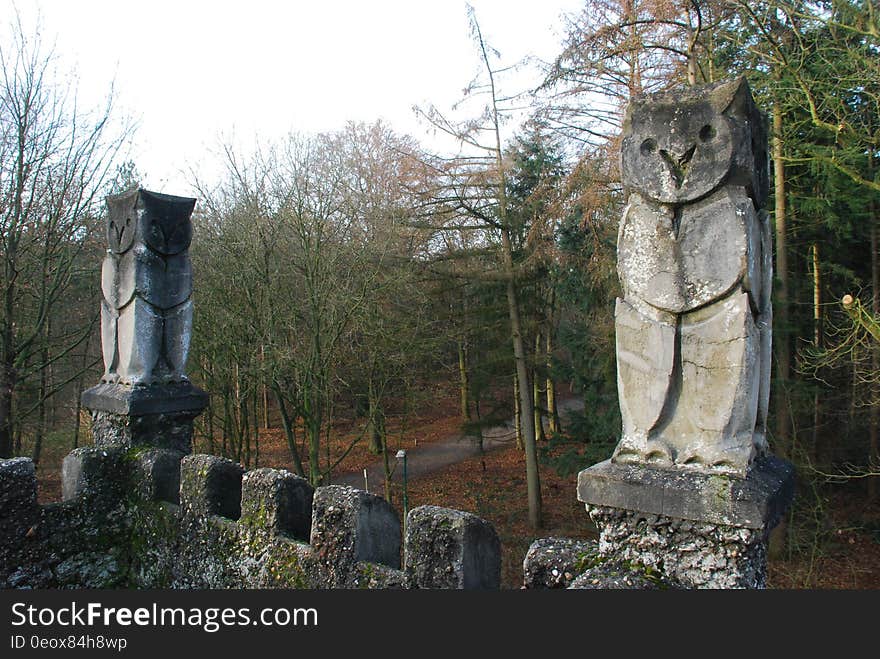 Owl sculpture on old building with forest in background.