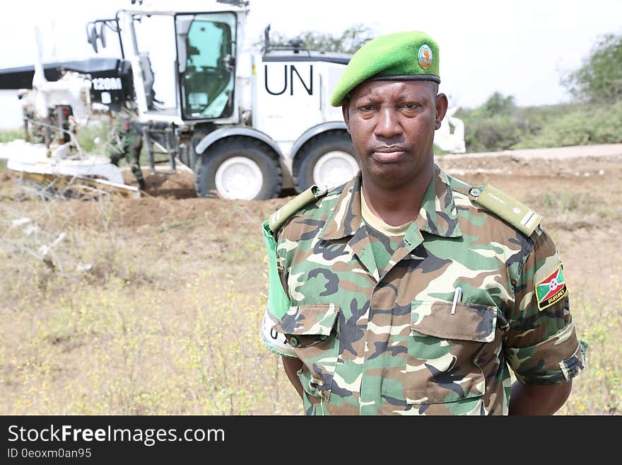 General Venuste Nduwayo overlooks heavy machinery, operated by the African Union Mission in Somalia, operating on the roads around the town of Jowhar during Operation Antelope, which aims to make the roads to the area more accessible. AMISOM Photo. General Venuste Nduwayo overlooks heavy machinery, operated by the African Union Mission in Somalia, operating on the roads around the town of Jowhar during Operation Antelope, which aims to make the roads to the area more accessible. AMISOM Photo