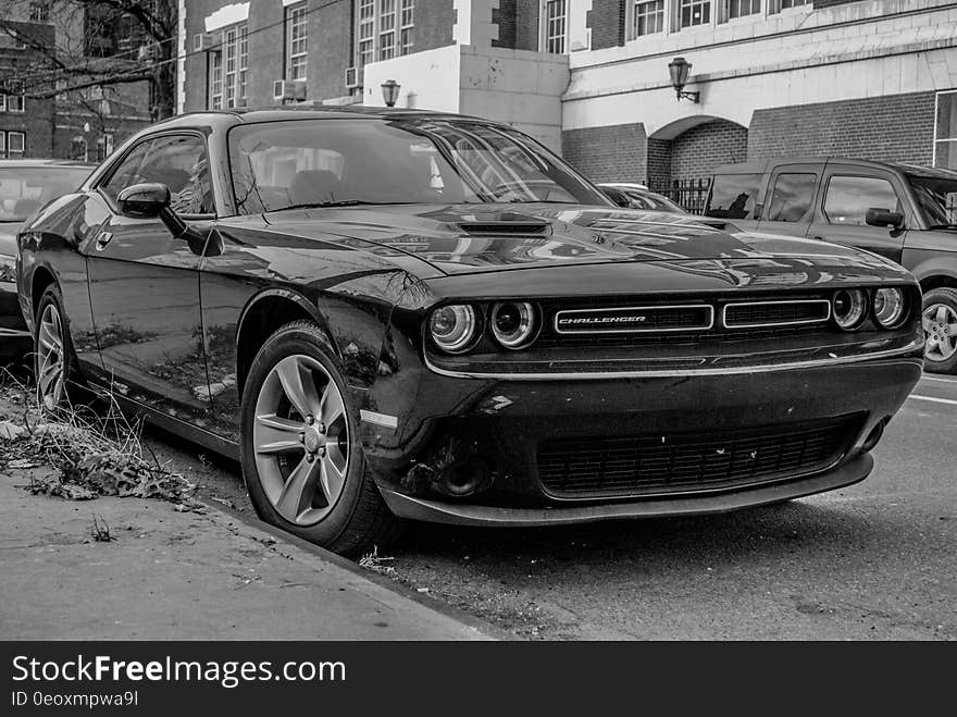 A black and white view of a modern Dodge Challenger.