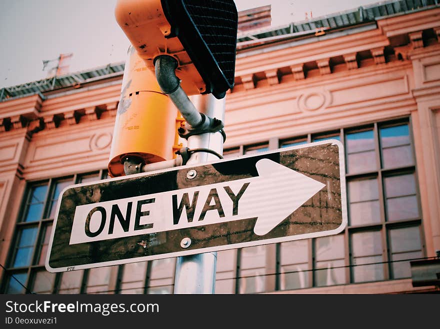 One way road sign on traffic light pole on sunny day.