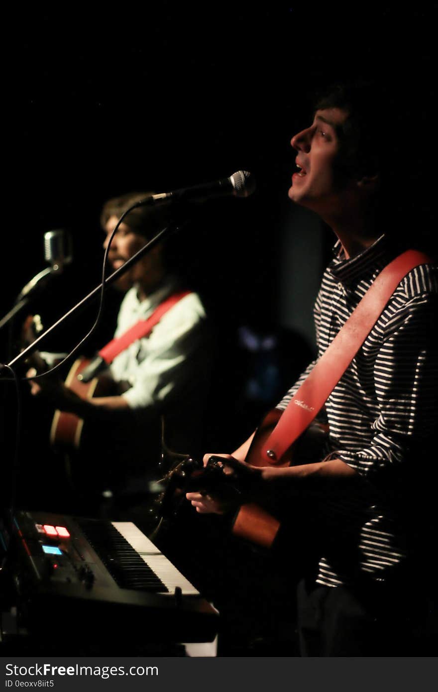 Musicians playing instruments and singing onstage. Musicians playing instruments and singing onstage.