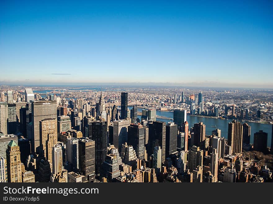 Aerial view looking over skyline of New York city, USA. Aerial view looking over skyline of New York city, USA.