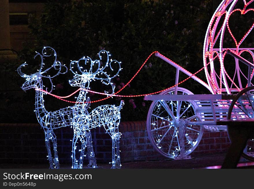 Cinderellas pumpkin wagon pulled by reindeer in outdoor Christmas light display. Cinderellas pumpkin wagon pulled by reindeer in outdoor Christmas light display.