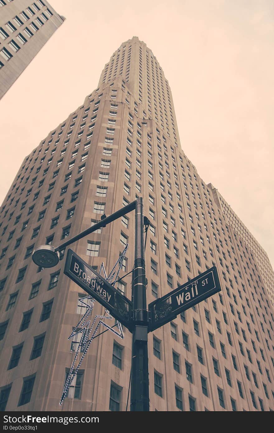 Wall Street and Broadway signs with tall sepia tone skyscrapers in background, New York city, USA. Wall Street and Broadway signs with tall sepia tone skyscrapers in background, New York city, USA.