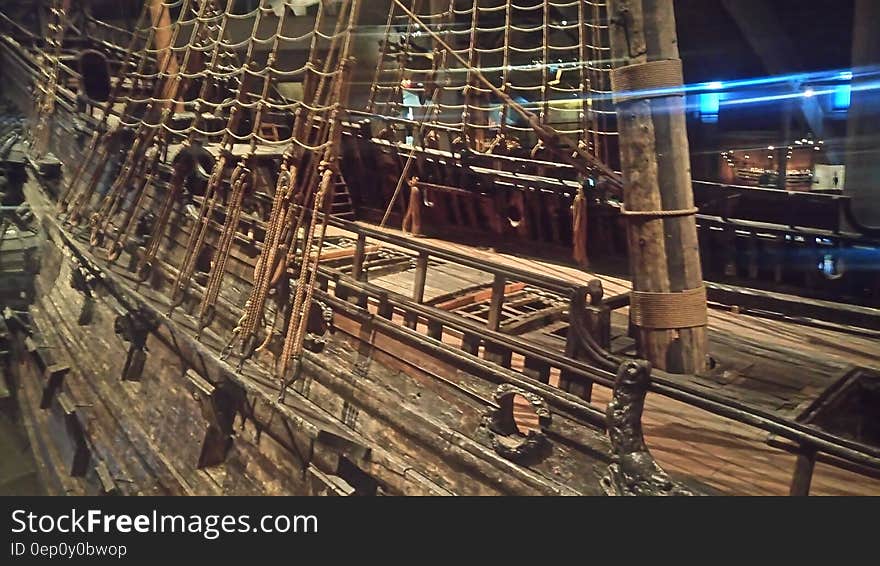 Deck and masts of wooden sailing ship inside museum. Deck and masts of wooden sailing ship inside museum.