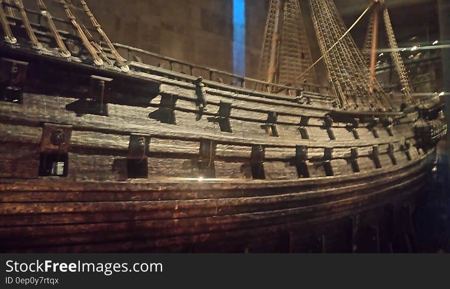 Wooden vintage sailing ship inside museum hall. Wooden vintage sailing ship inside museum hall.