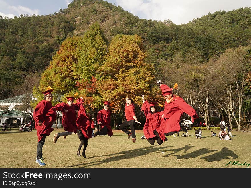 Graduates in cap and gowns jumping in air in celebration in park. Graduates in cap and gowns jumping in air in celebration in park.