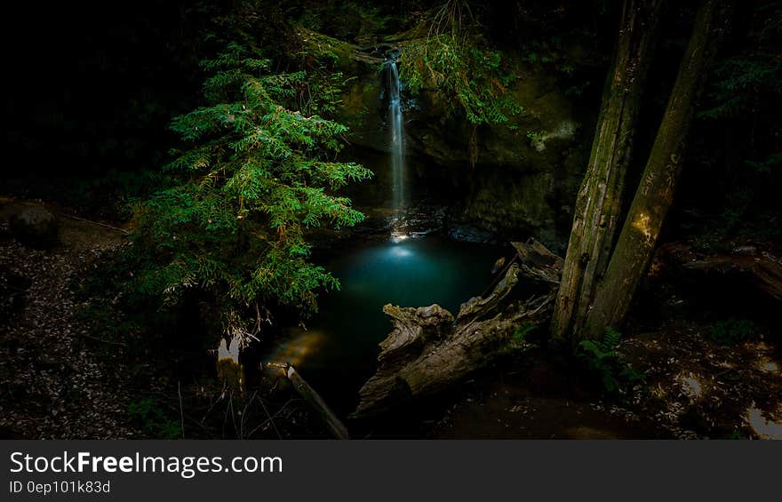 Water falling into blue pool in forest with pines on banks. Water falling into blue pool in forest with pines on banks.