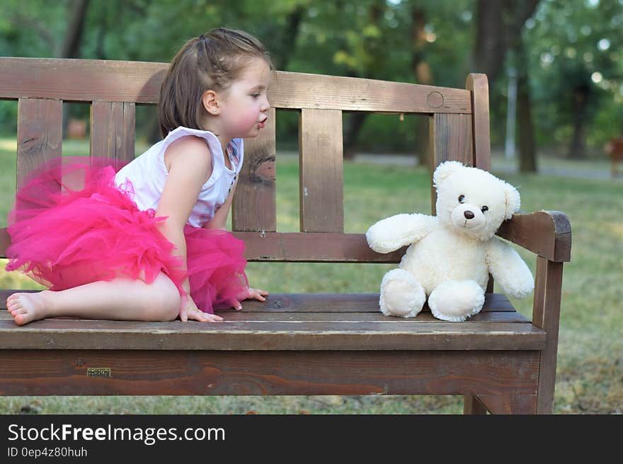 Brown Haired Girl Wearing Pink Tutu Dress Near White Bear Plush Toy