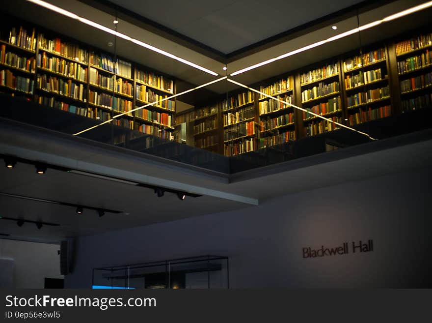 Shelves of books inside library. Shelves of books inside library.