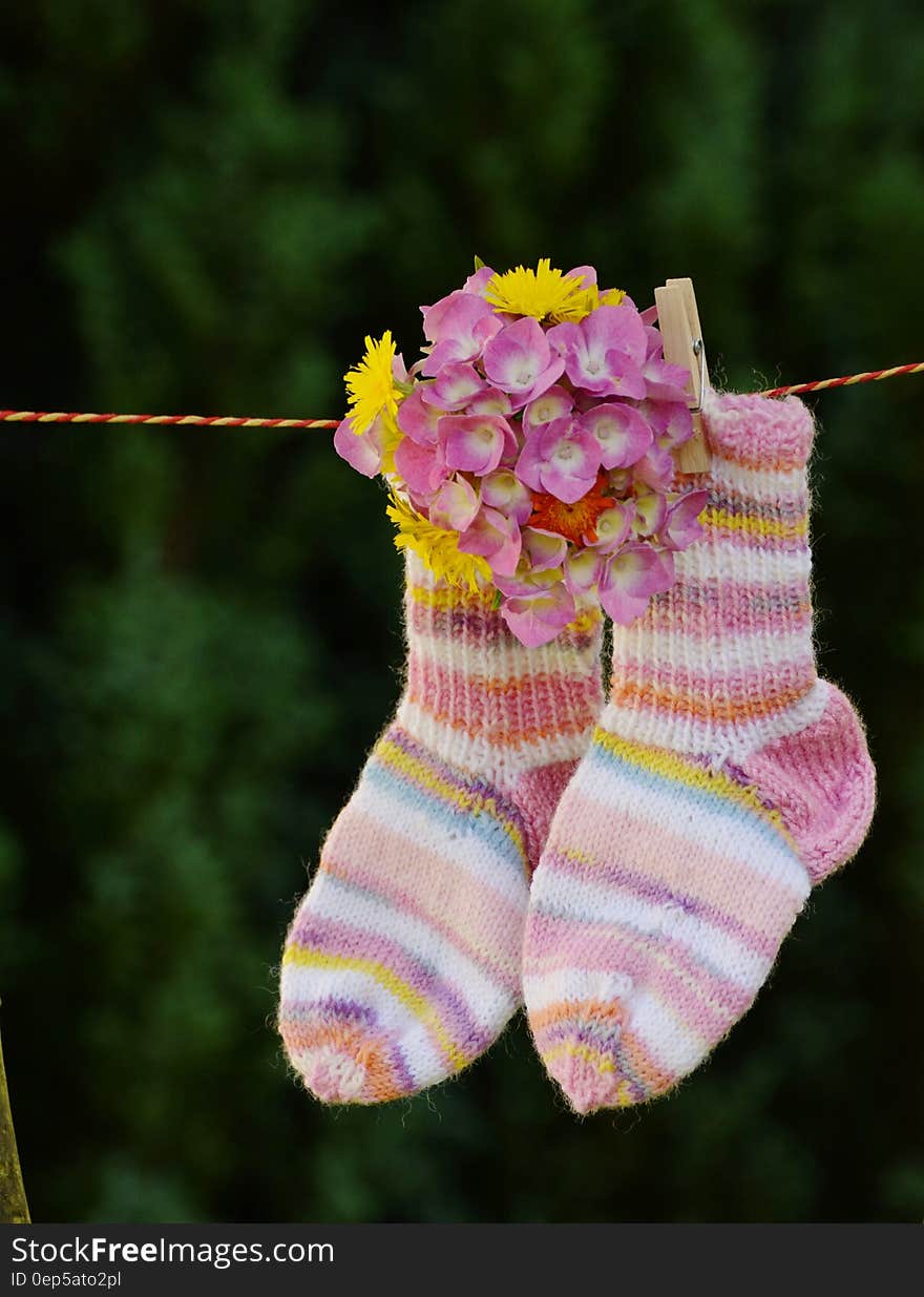 Pink and White Sock With Pink Flower Hanging