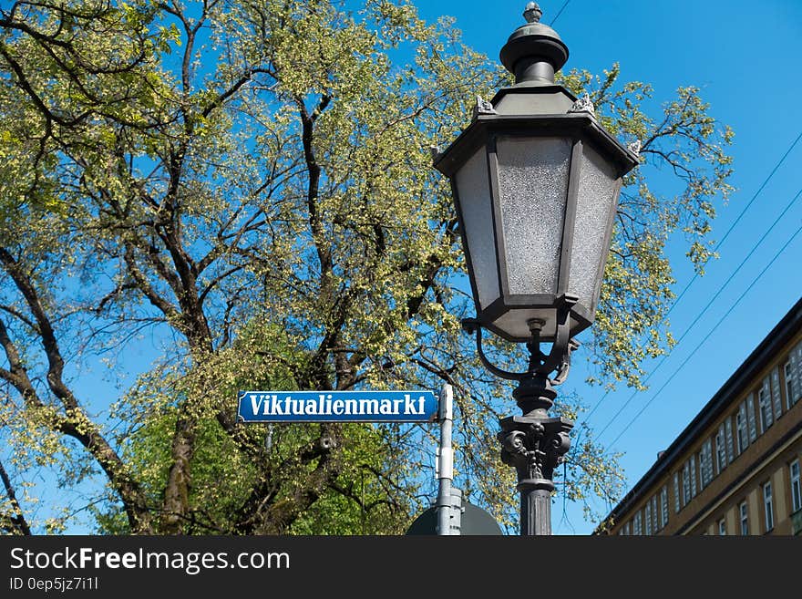 Viktualienmarkt Signage Beside Black Street Light during Daytime