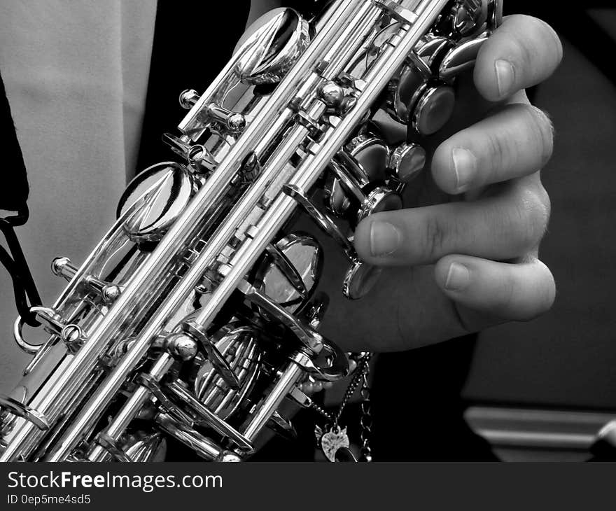 Person Holding Saxophone in Gray Scale Photography