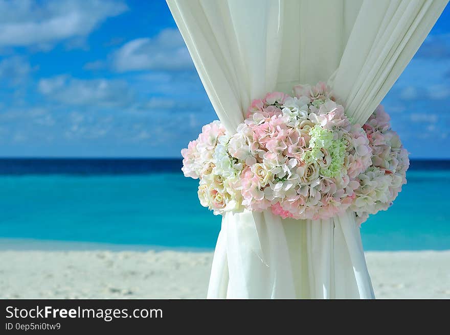 Pink White Petal Flower on White Curtain Near White Sand Beach on Daytime