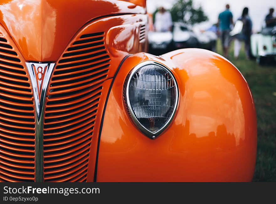 A close up of the hood of a classic V8 Ford. A close up of the hood of a classic V8 Ford.