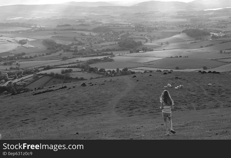 Gray Scale Photography of Woman Facing Trees and Field View