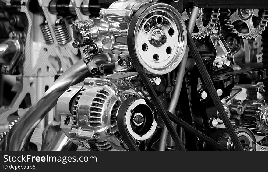 Greyscale Photography of Car Engine