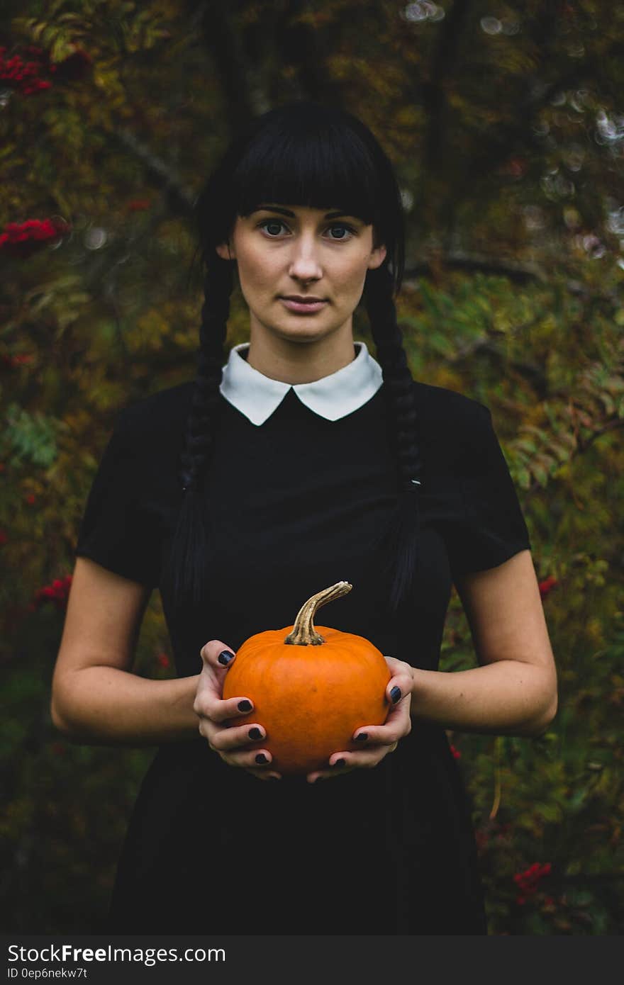 Woman in Black and White Collared Dress Holding Pumpkin during Daytime