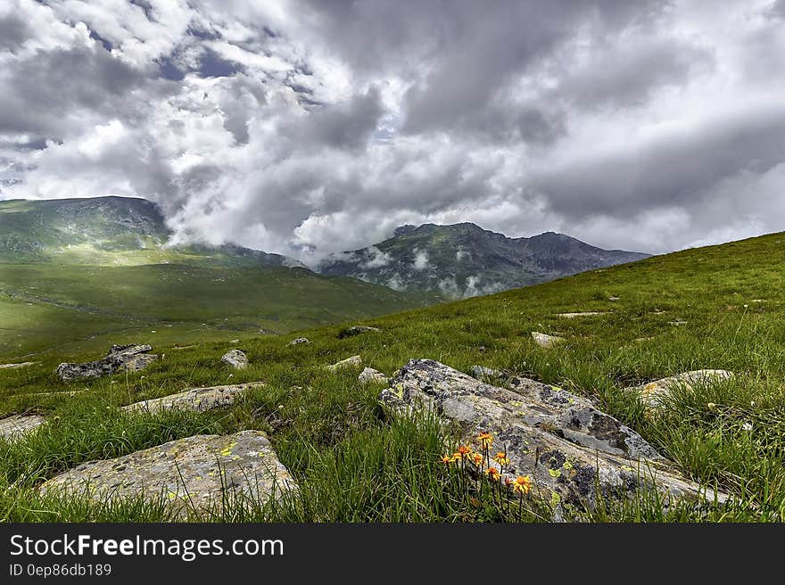 Green Grass Field With Rocks Near Mountains during Cloudy Daytime Sky