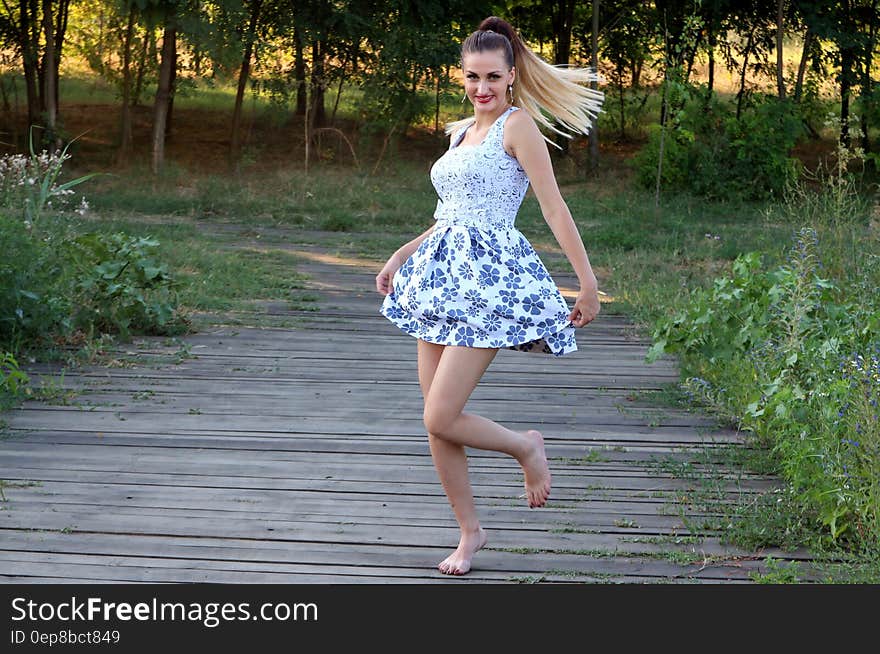 Woman in Blue and White Skated Dress