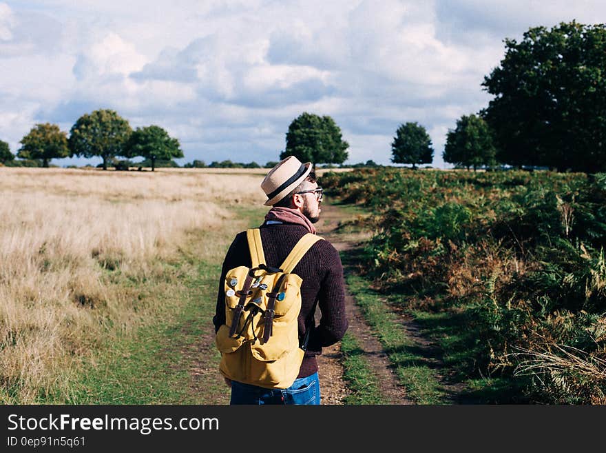 Man With Backpack Walking on Pathway Between Field at Daytime