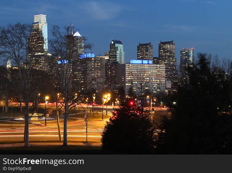 City Buildings Near the Road Beside Trees