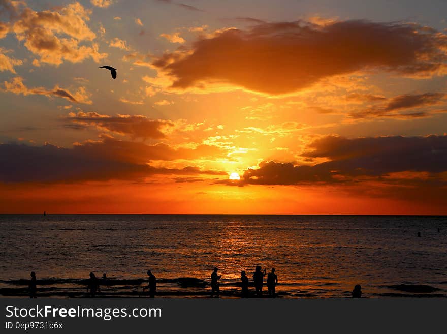 Sunset over open sea and people silhouettes on the beach.