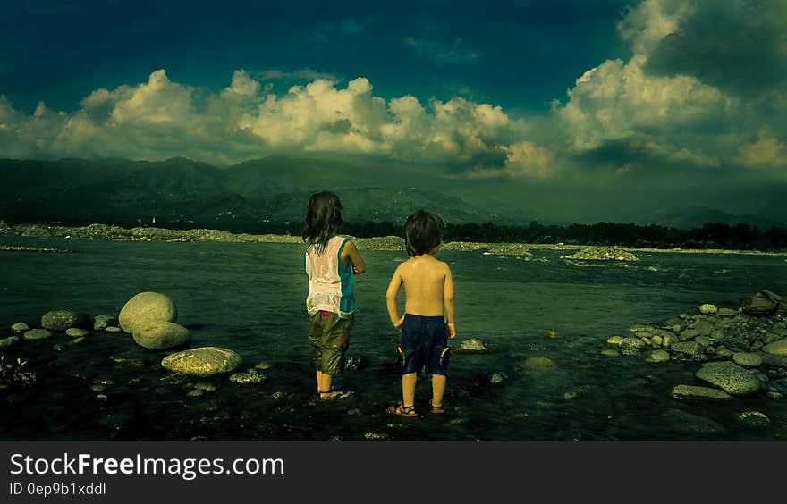 Child in White Tank Top Beside Child in Black Shorts Near Sea during Daytime