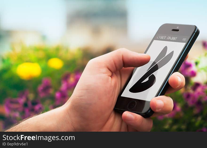 Hand holding smartphone with Cyber Rabbit logo outdoor in flower garden. Hand holding smartphone with Cyber Rabbit logo outdoor in flower garden.