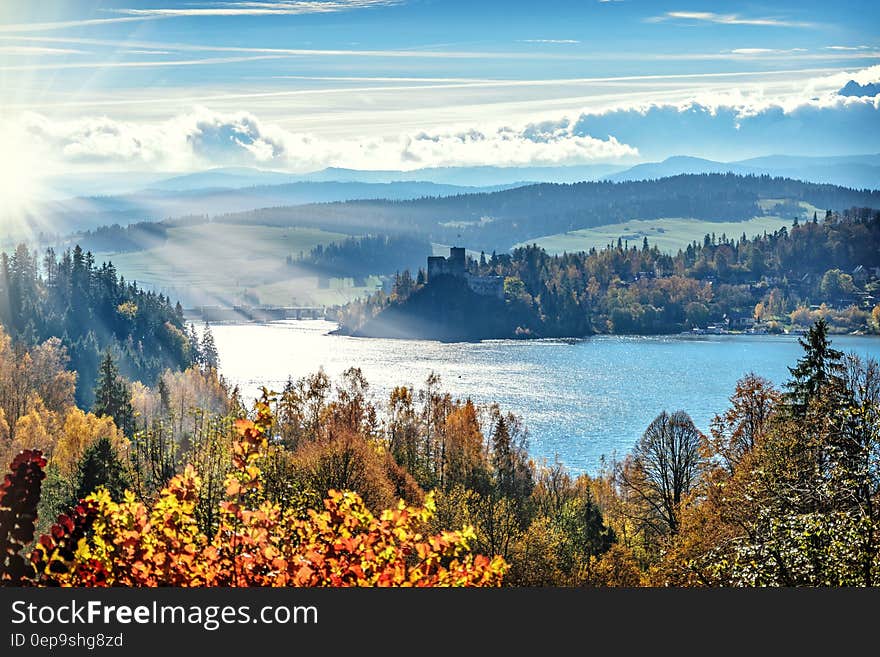 Autumn foliage in forest along lake with blue skies and clouds. Autumn foliage in forest along lake with blue skies and clouds.