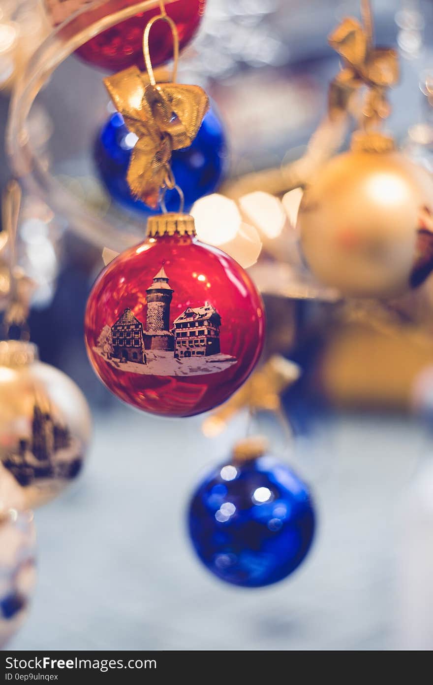 Christmas decorative balls in red, blue and yellow. Christmas decorative balls in red, blue and yellow.