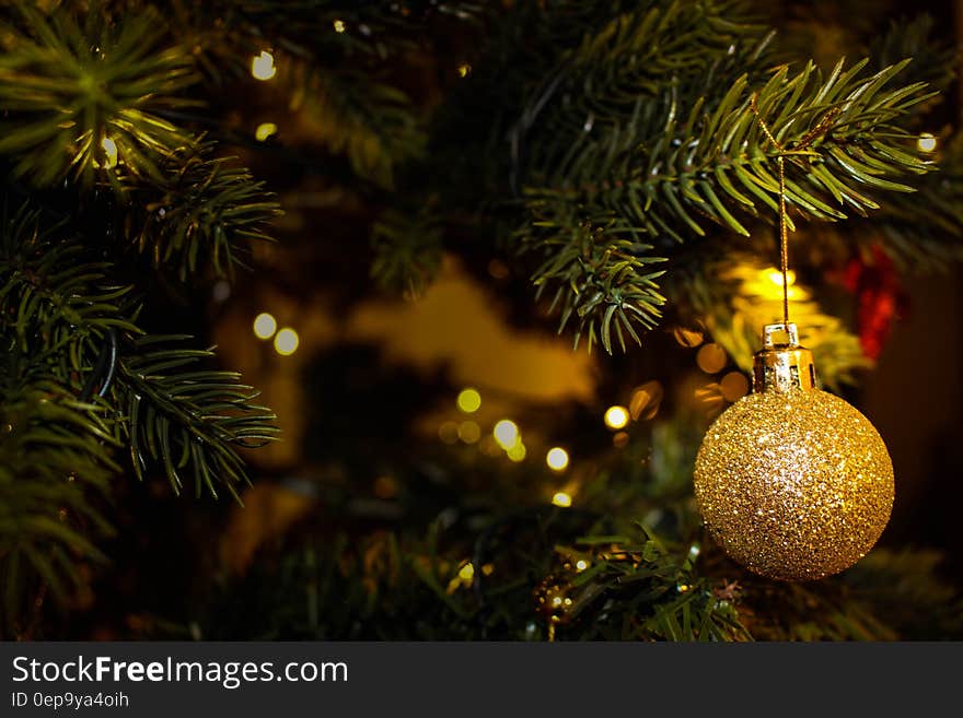 Gold ball ornament hanging on Christmas tree with lights. Gold ball ornament hanging on Christmas tree with lights.